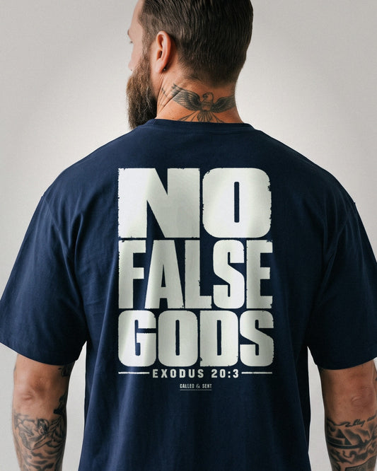 No False Gods bold heavyweight tee, slab type back print, Navy