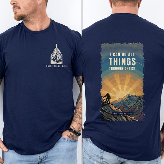 I Can Do All Things Through Christ mountain summit poster shirt in Navy, man wearing front chest badge and full colour summit scene back print, Philippians 4:13