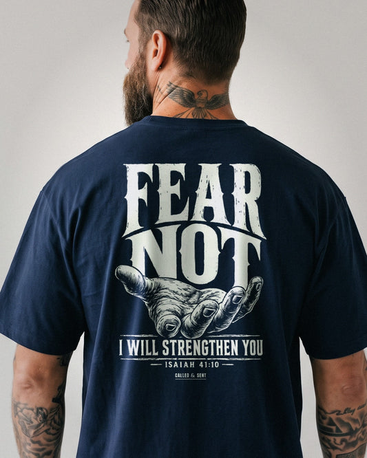 Fear Not Upheld heavyweight tee, carved type and open hand back print, Navy
