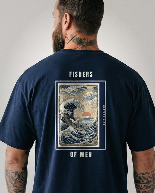 Fishers of Men heavyweight tee, Navy, 6 oz Ultra Cotton boxy classic cut, plain front and Japanese wave poster back print, Matthew 4:19