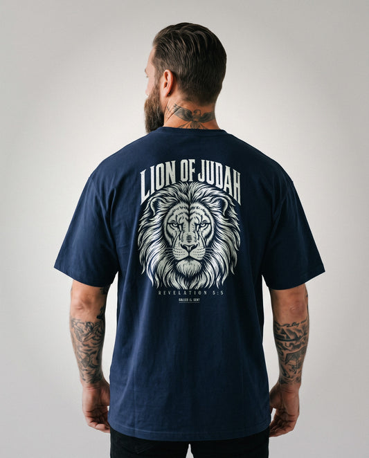 Lion of Judah heavyweight tee, woodcut lion back print, Navy