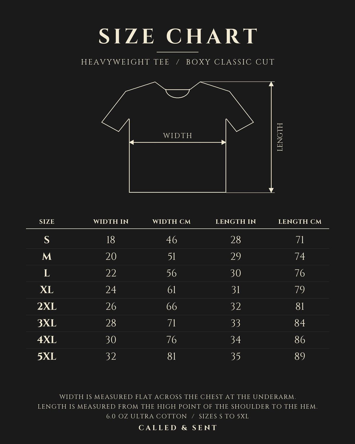 Heavyweight tee size chart, Gildan 2000 Ultra Cotton, sizes S to 5XL, width 18 to 32 inches (46 to 81 cm) and length 28 to 35 inches (71 to 89 cm)