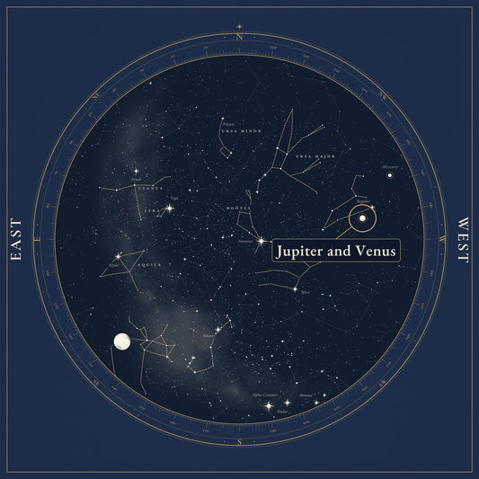 Star chart of the sky over Babylon on the evening of 17 June 2 BC, with Jupiter and Venus drawn as one point low in the west.
