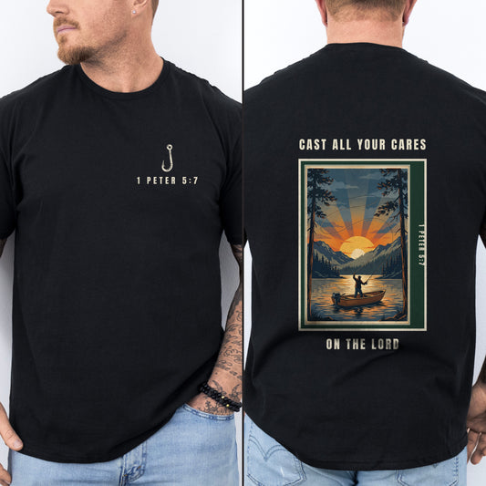Cast All Your Cares On The Lord shirt in Black, front and back on a male model, fisherman-at-dawn poster back print with fish-hook cross chest badge, 1 Peter 5:7