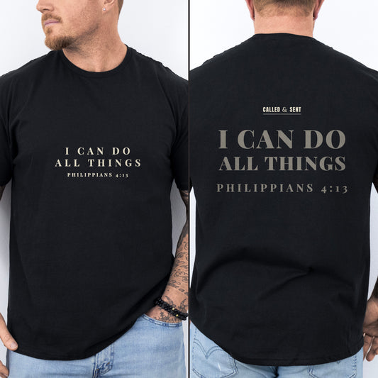 I Can Do All Things Christian gym shirt, Black, worn by a man, small quiet chest print with faded back echo and Called and Sent maker mark, Philippians 4:13
