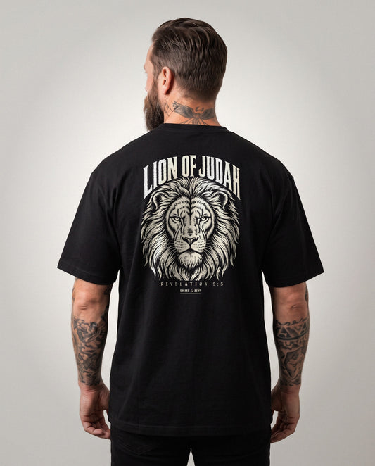 Lion of Judah heavyweight tee, woodcut lion back print, Black