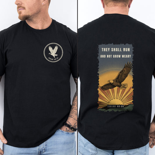 They Shall Run And Not Grow Weary Christian running shirt, black, eagle crest chest badge and vintage eagle sunrise back print, Isaiah 40:31