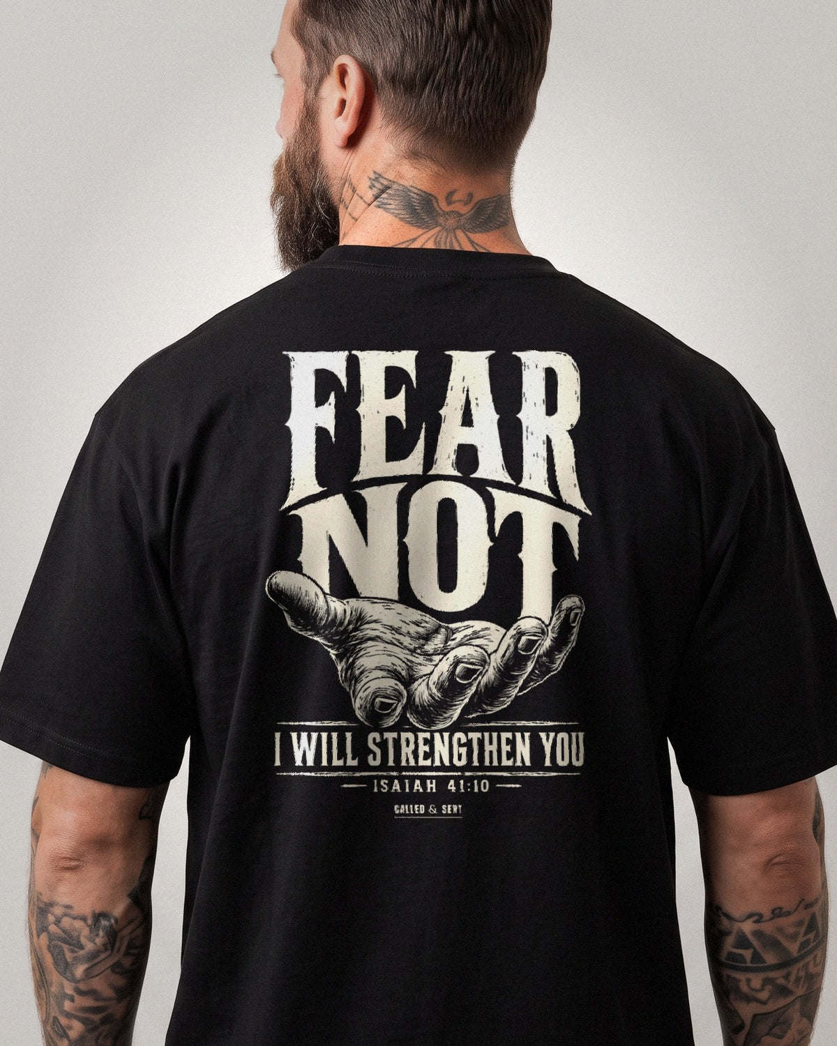 Fear Not Upheld heavyweight tee, carved type and open hand back print, Black