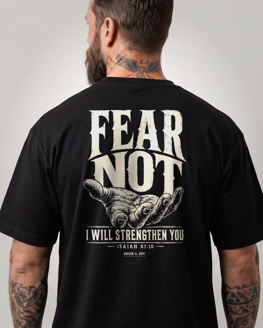 Fear Not Upheld heavyweight tee, carved type and open hand back print, Black