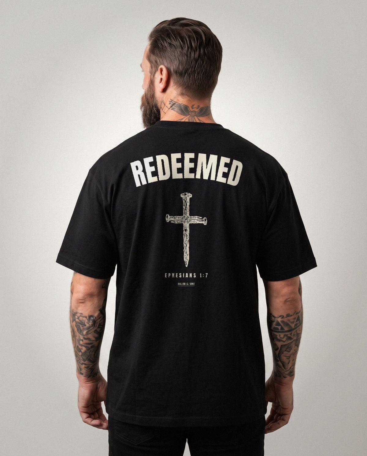Redeemed nail cross heavyweight tee, back print, Black