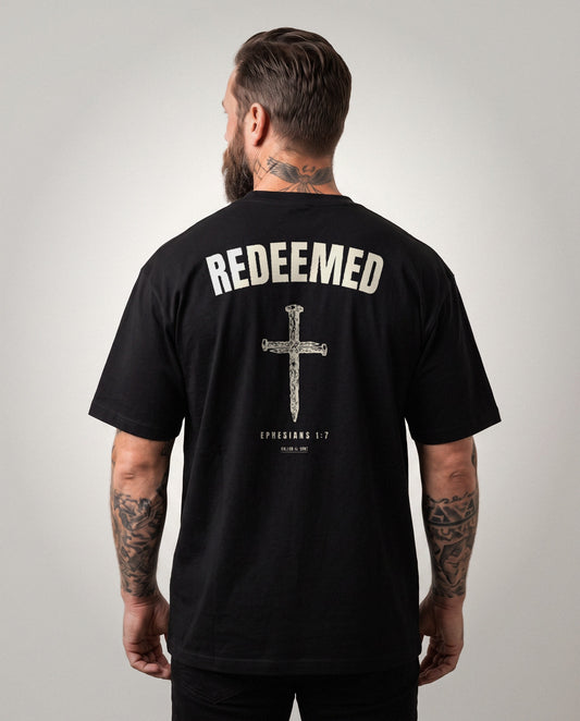 Redeemed nail cross heavyweight tee, back print, Black