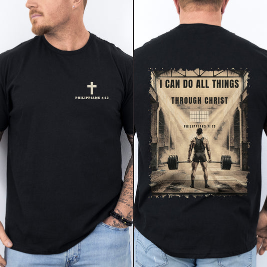 I Can Do All Things Through Christ Christian gym shirt, black, front cross chest badge and lifter scene back print, Philippians 4:13