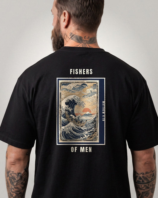 Fishers of Men heavyweight tee, Black, 6 oz Ultra Cotton boxy classic cut, plain front and Japanese wave poster back print, Matthew 4:19