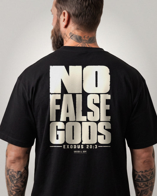 No False Gods bold heavyweight tee, slab type back print, Black