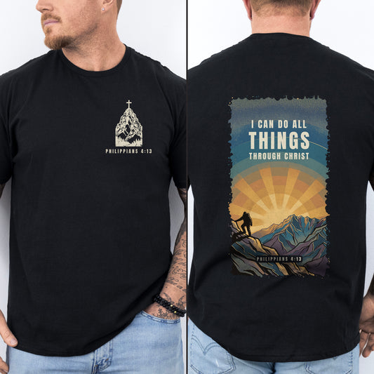 I Can Do All Things Through Christ mountain summit poster shirt in Black, man wearing front mountain and cross chest badge and full colour park poster back print, Philippians 4:13