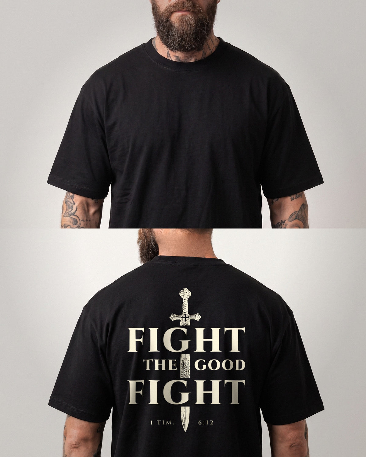 Fight The Good Fight heavyweight tee front and back view, plain front and sword cross back print, 1 Timothy 6:12, Black