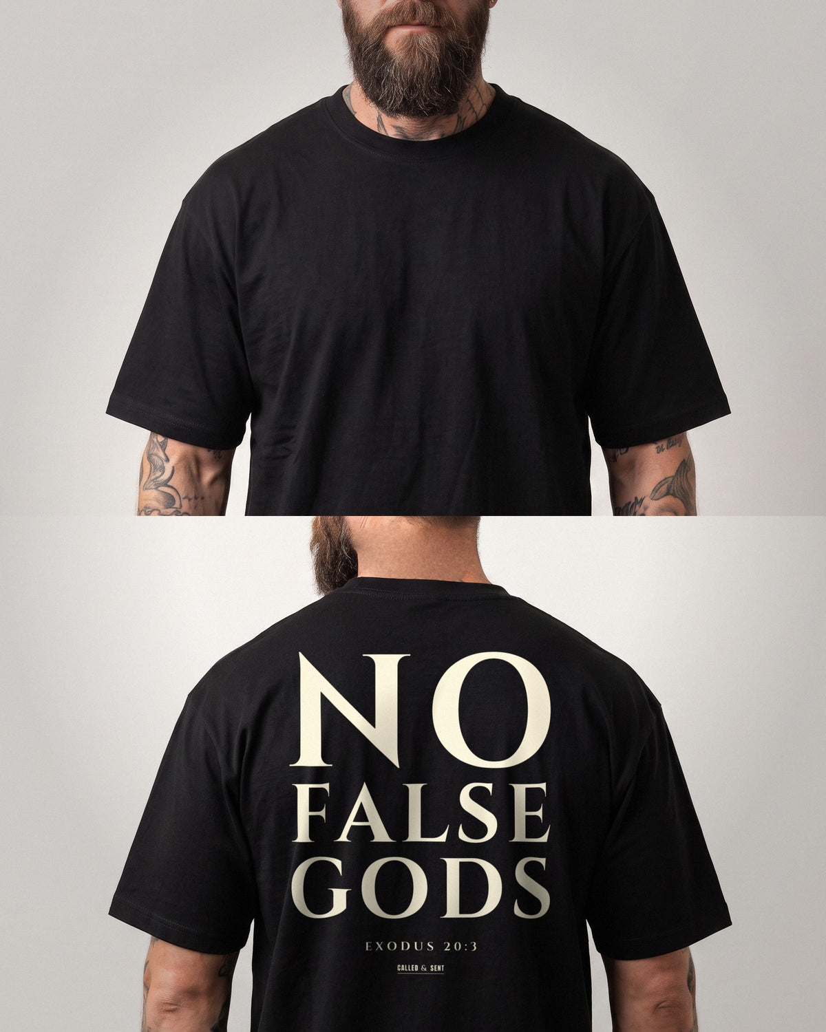 No False Gods heavyweight tee front and back view, plain front and NO FALSE GODS back print, Exodus 20:3, Black