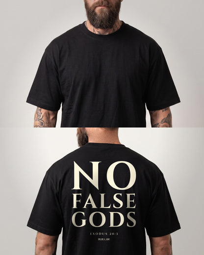 No False Gods heavyweight tee front and back view, plain front and NO FALSE GODS back print, Exodus 20:3, Black