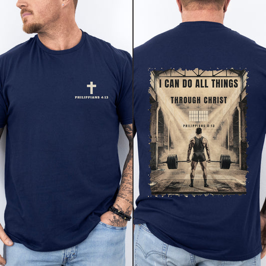 I Can Do All Things Through Christ Christian gym shirt, navy, worn by a man, lifter scene back print, Philippians 4:13