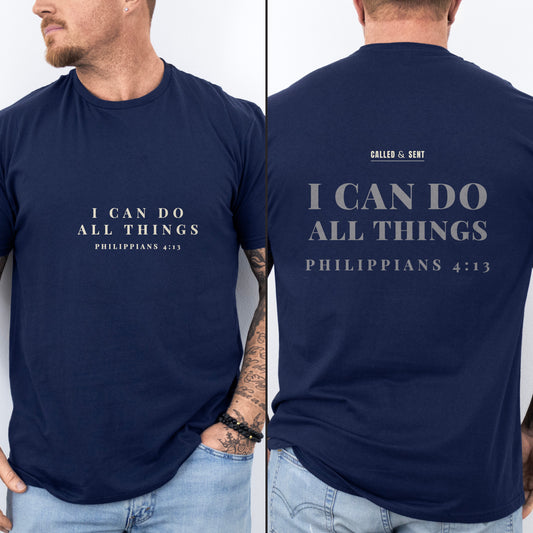 I Can Do All Things Christian gym shirt, Navy, worn by a man, small quiet chest print with faded back echo and Called and Sent maker mark, Philippians 4:13