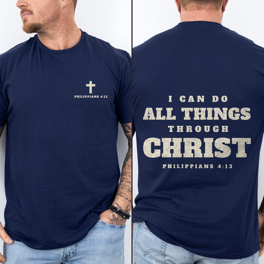 I Can Do All Things Through Christ vintage Christian streetwear tee, Navy, worn by a man, vintage type back print, Philippians 4:13
