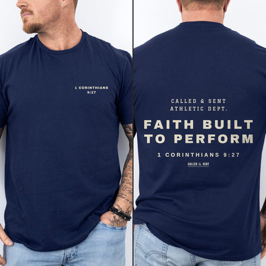 Faith Built To Perform Christian gym shirt, Navy, worn by a man, front chest verse badge with flat athletic department block back print, 1 Corinthians 9:27