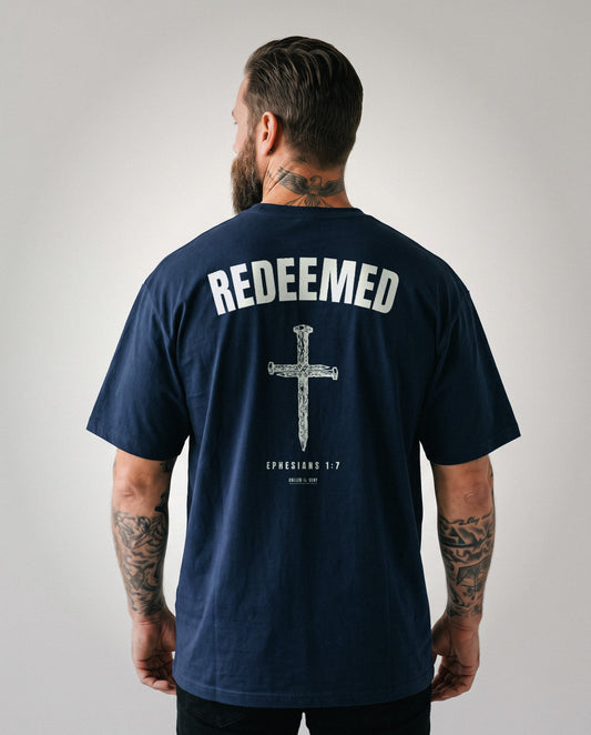 Redeemed nail cross heavyweight tee, back print, Navy