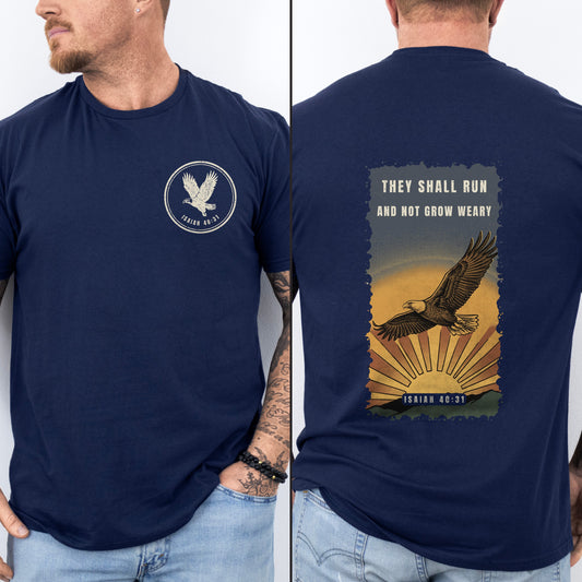 They Shall Run And Not Grow Weary Christian running shirt, navy, eagle crest chest badge and vintage eagle sunrise back print, Isaiah 40:31