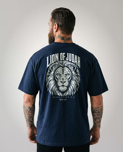 Lion of Judah heavyweight tee, woodcut lion back print, Navy