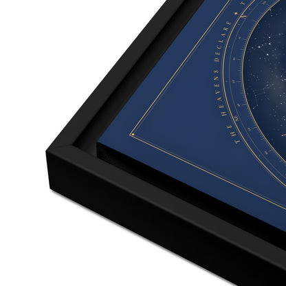 Close view of the framed canvas corner: the canvas floating inside the black wood frame