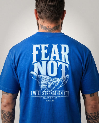 Fear Not Upheld heavyweight tee, white ink back print, Royal