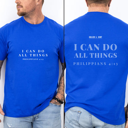 I Can Do All Things Christian gym shirt, Royal Blue, worn by a man, small quiet chest print with faded back echo and Called and Sent maker mark, Philippians 4:13
