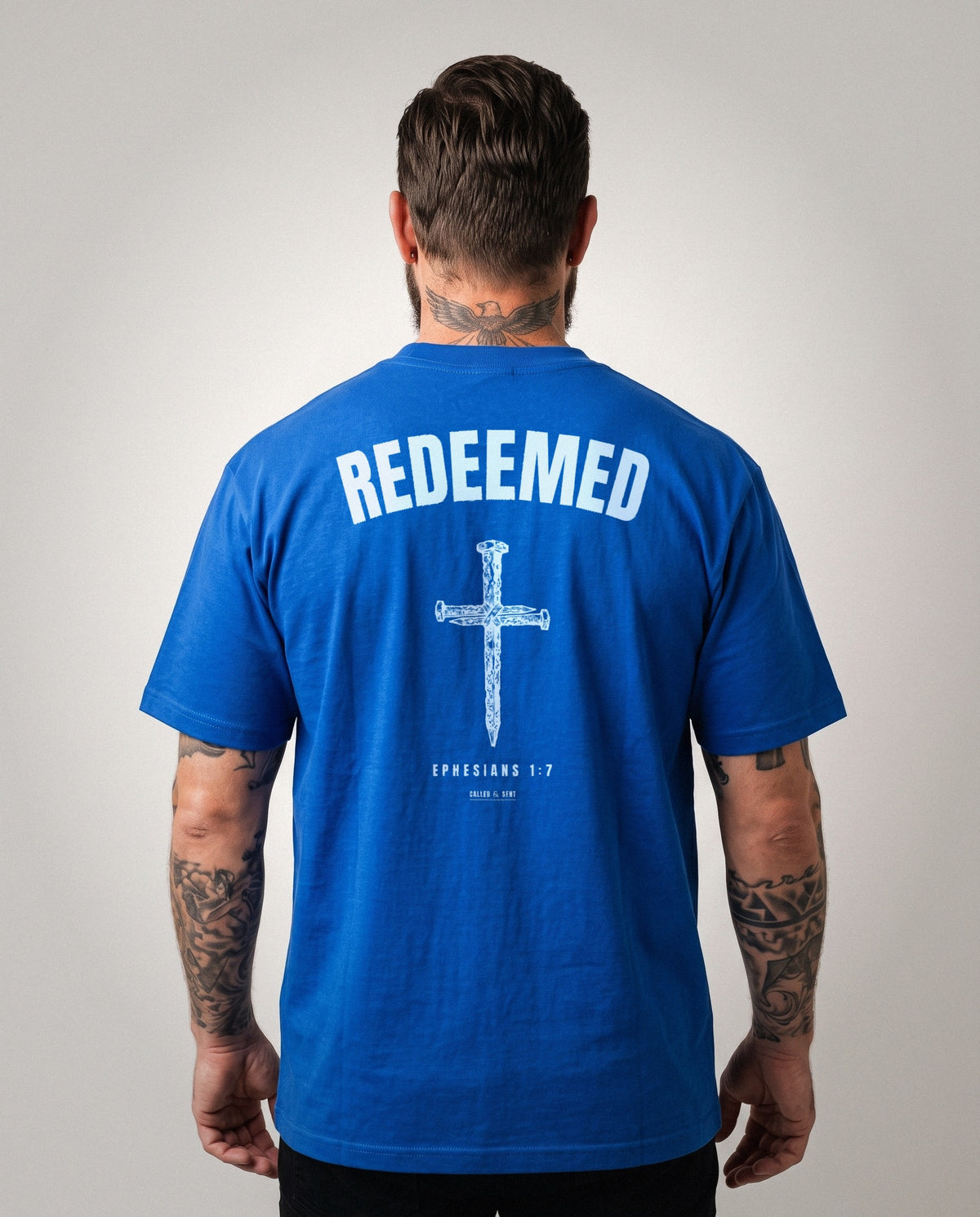 Redeemed nail cross heavyweight tee, white ink back print, Royal