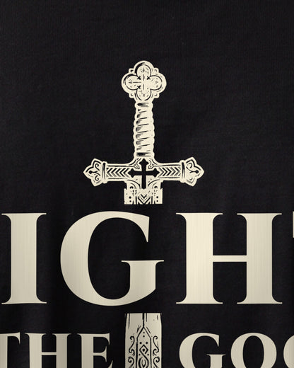 Fight The Good Fight heavyweight tee close-up of the FIGHT THE GOOD FIGHT sword cross print on the garment, 1 Timothy 6:12, Black