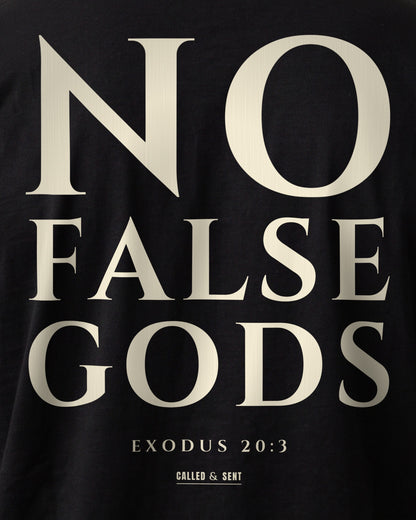 No False Gods heavyweight tee close-up of the NO FALSE GODS print on the garment, Exodus 20:3, Black