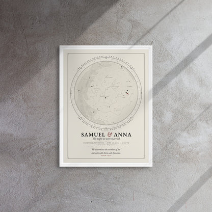 The Folio style, ink on cream, in a white floating frame on a concrete wall