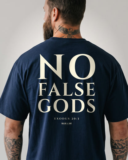 No False Gods heavyweight tee, Navy, 6 oz Ultra Cotton boxy classic cut, plain front and bone ink NO FALSE GODS back print, Exodus 20:3