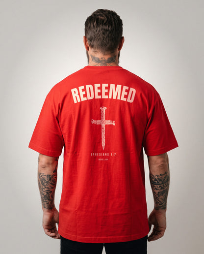 Redeemed nail cross heavyweight tee, back print, Red