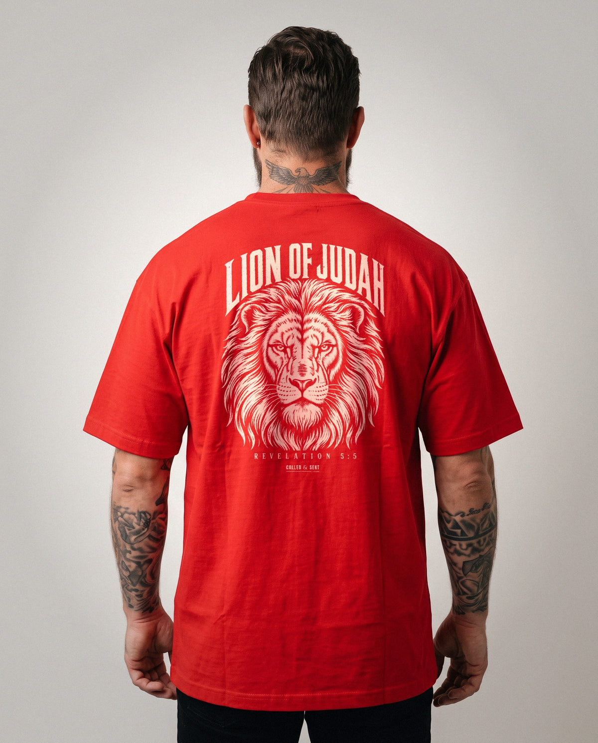 Lion of Judah heavyweight tee, woodcut lion back print, Red