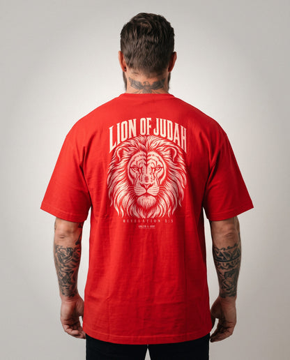 Lion of Judah heavyweight tee, woodcut lion back print, Red
