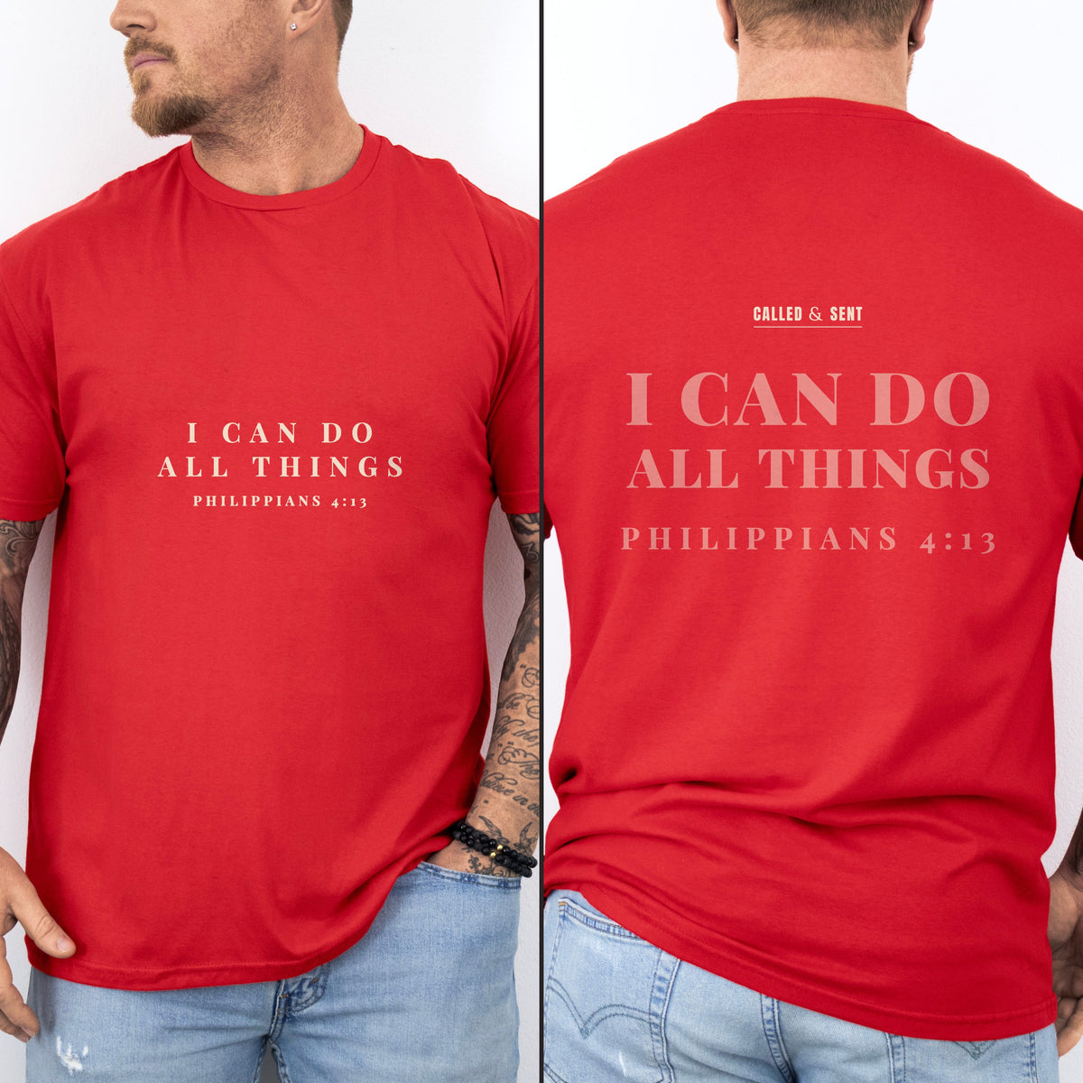 I Can Do All Things Christian gym shirt, Red, worn by a man, small quiet chest print with faded back echo and Called and Sent maker mark, Philippians 4:13