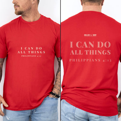 I Can Do All Things Christian gym shirt, Red, worn by a man, small quiet chest print with faded back echo and Called and Sent maker mark, Philippians 4:13