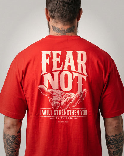 Fear Not Upheld heavyweight tee, carved type and open hand back print, Red