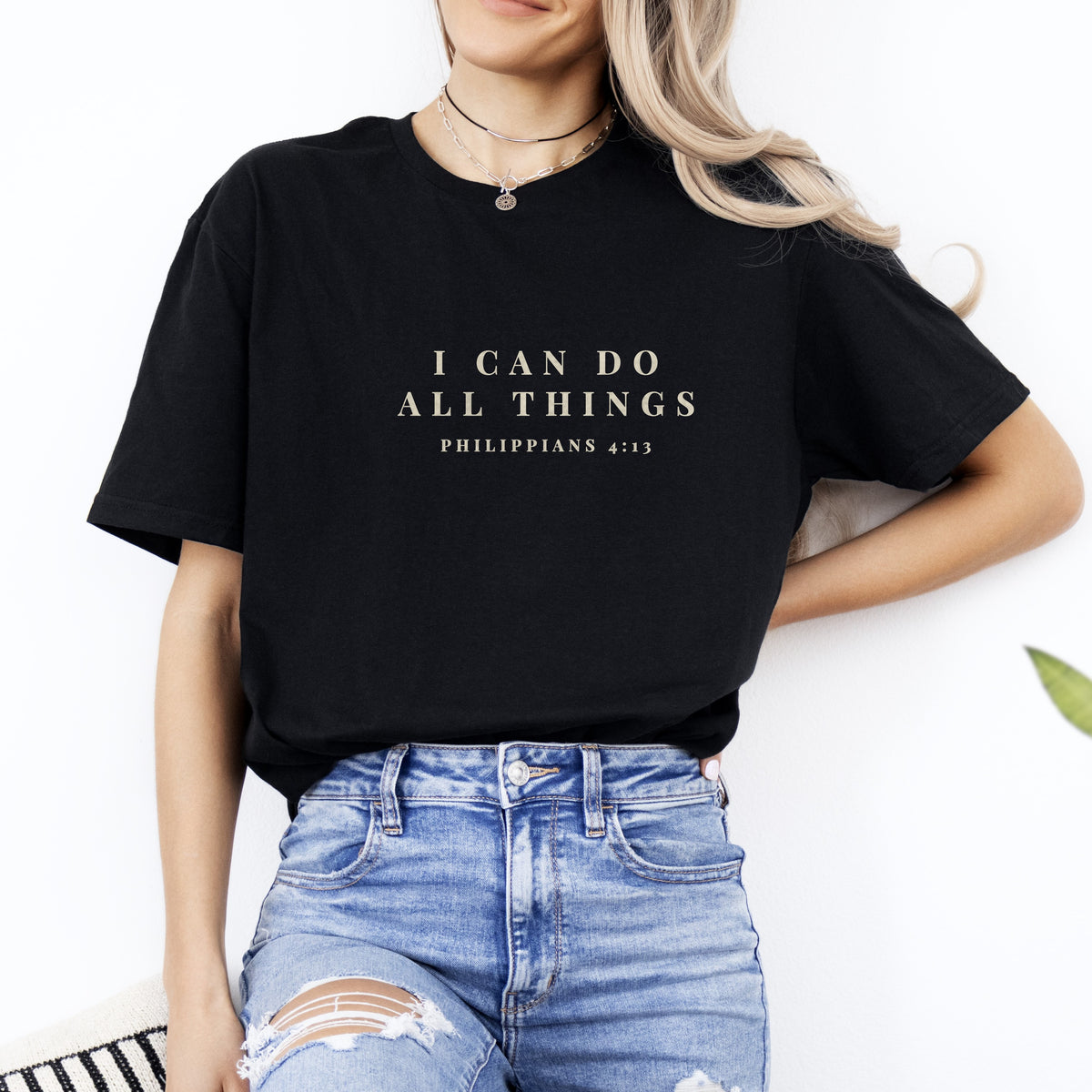 I Can Do All Things Christian gym shirt, Black, worn by a woman, small quiet chest print, Philippians 4:13