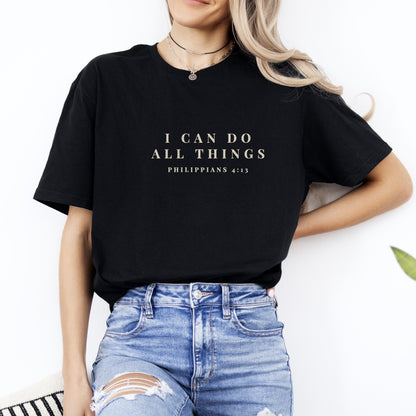 I Can Do All Things Christian gym shirt, Black, worn by a woman, small quiet chest print, Philippians 4:13