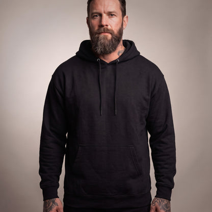 Front view of the blank Black hoodie; the Jesus the Ultimate Deadlifter design prints on the back