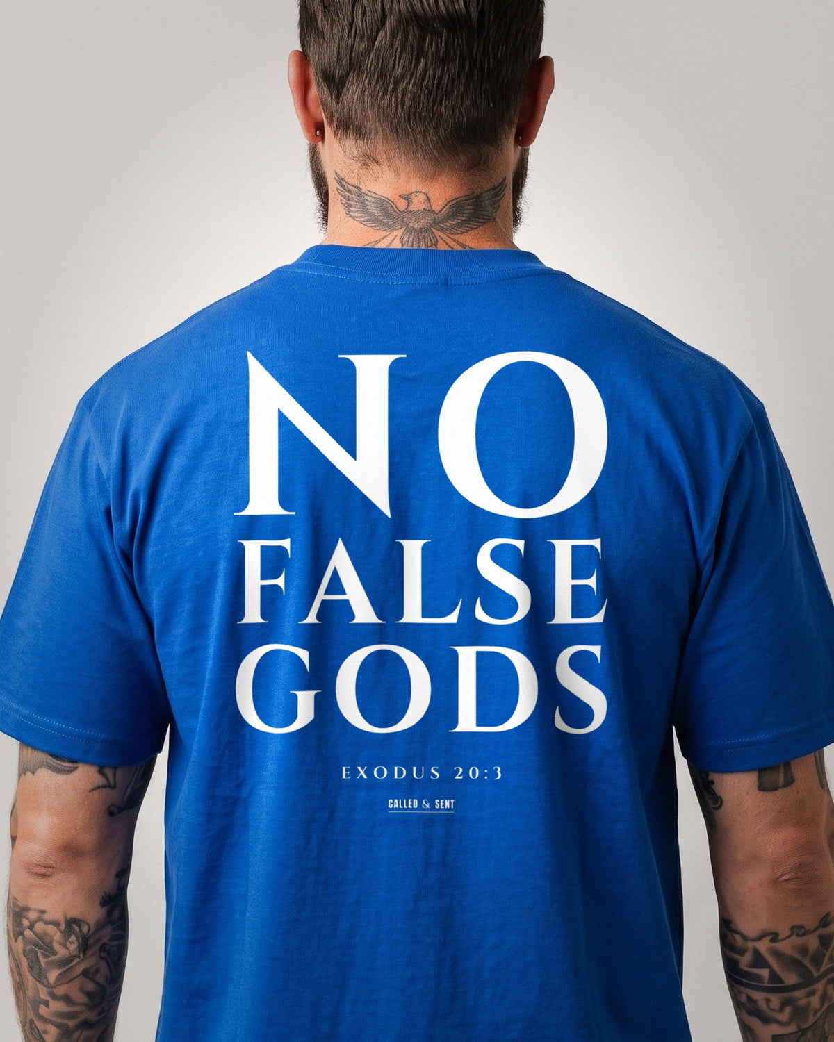 No False Gods heavyweight tee, Royal Blue, 6 oz Ultra Cotton boxy classic cut, plain front and white ink NO FALSE GODS back print, Exodus 20:3