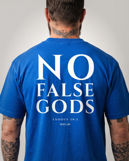 No False Gods heavyweight tee, Royal Blue, 6 oz Ultra Cotton boxy classic cut, plain front and white ink NO FALSE GODS back print, Exodus 20:3