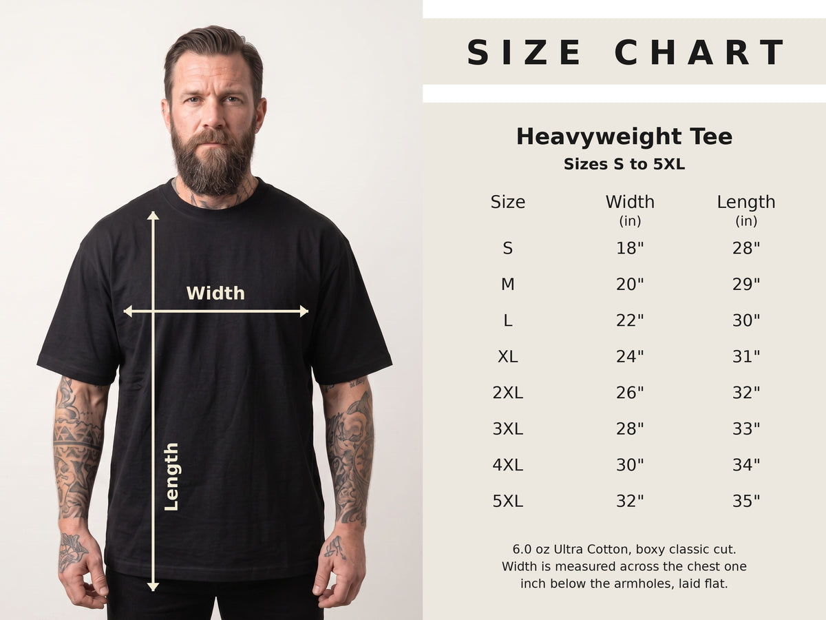 Heavyweight tee size chart, sizes S to 5XL
