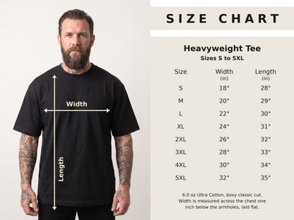 Heavyweight tee size chart, sizes S to 5XL